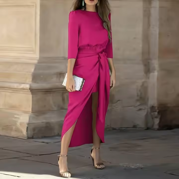 BUNO-Vestido Irregular elegante con cordones para mujer, vestido sencillo de cintura alta con temperamento liso, vestido plisado de media manga con cuello redondo OL，Vestido de noche para mujer, rojo, con mangas tres cuartos, elegante. - 1