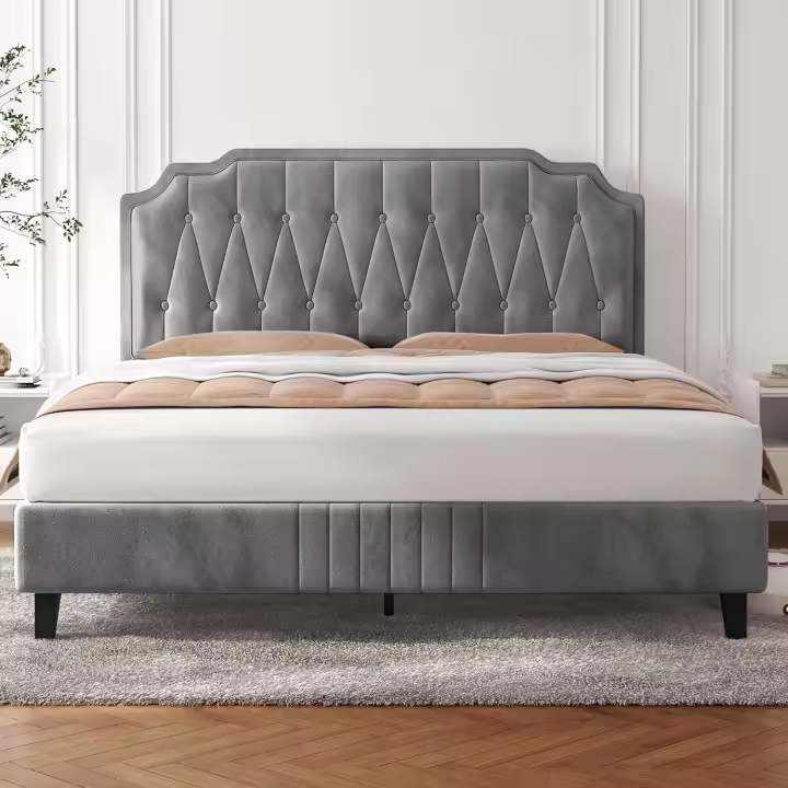 Marco de cama de 140 x 200 cm con cabecero tapizado ajustable en altura, soporte de láminas de madera y patas metálicas gris oscuro - 1