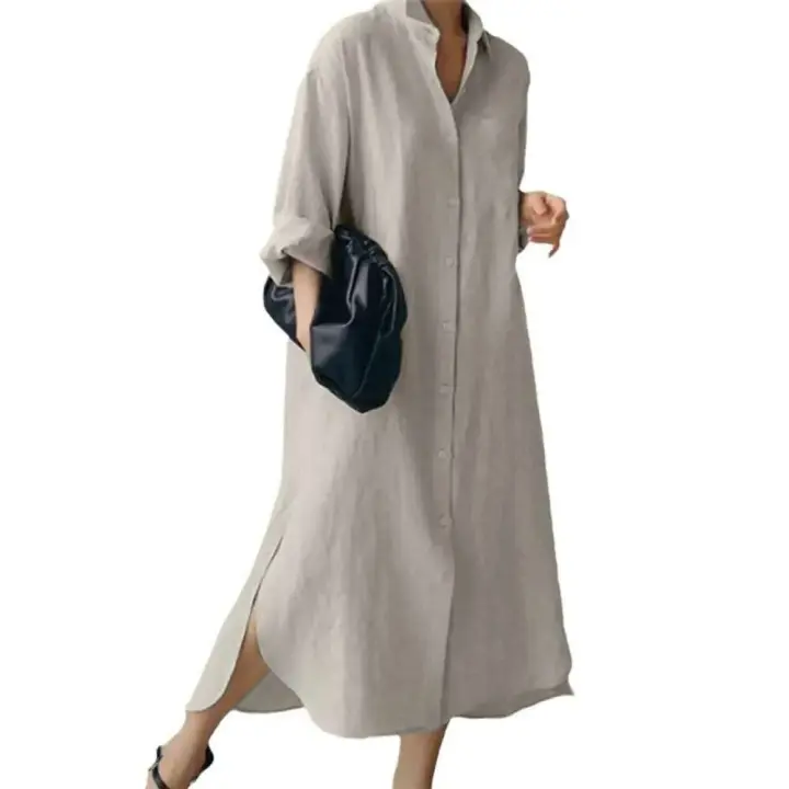 Vestido Casual para Mujer de Manga Larga Falda Irregular con Estilo Solidario y Cuello Suelto - 1