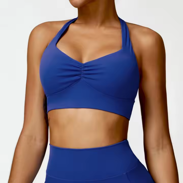 Sujetador deportivo con cuello Halter para mujer, Top fruncido de alto soporte para gimnasio, ropa de entrenamiento, corsé de - 1