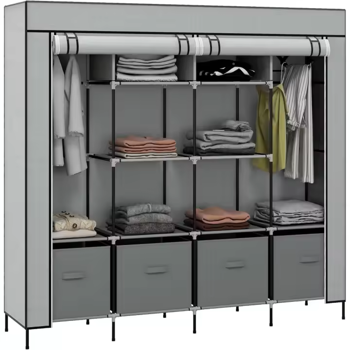 Armario Portátil con 10 Compartimentos 2 Rieles Colgantes y 4 Cajones de Tela 166x42,5x169,5 cm Gris Oscuro - 1