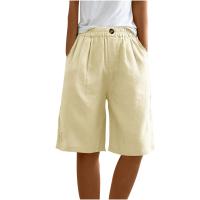Pantalones Cortos de Lino y Algodón para Mujer Color Sólido, Cintura Suelta, Bolsillo, Botón, Moda Casual - details 22