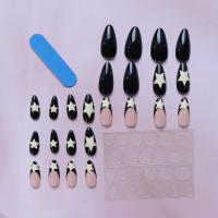 ARTAUG Uñas Postizas De Pestaña Rosa Medianas 24PCS Uñas De Verano Coreanas Estilo Almendra Con Estrella Negra Para Fiesta - details 1