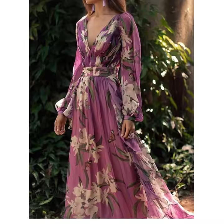 Vestidos estampados para mujer, Vestidos de manga larga con cuello en V, Otoño, Nuevo - 1