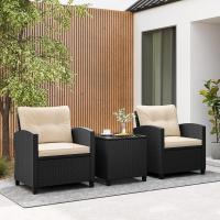 Conjunto de jardín exterior de ratán de 3 piezas, 1 mesa auxiliar de vidrio templado y 2 sillas con cojines, muebles de jardín terraza balcón exterior (negro) - details 25