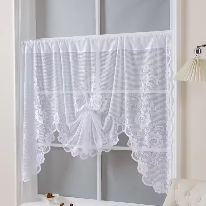 Cortina corta blanca con tres flores para sala de estar, cortina de ventana con cuerda para sujetar, estilo japonés y coreano, 100% poliéster - 1