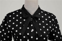 Polka dot print women summer short sleeve striped bow elegant vintage 50s party dress - details 5