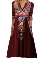 Vestidos Vintage para mujer, vestido Midi de moda con manga de siete cuartos y bolsillo con cuello en V y estampado bohemio para mujer - details 1