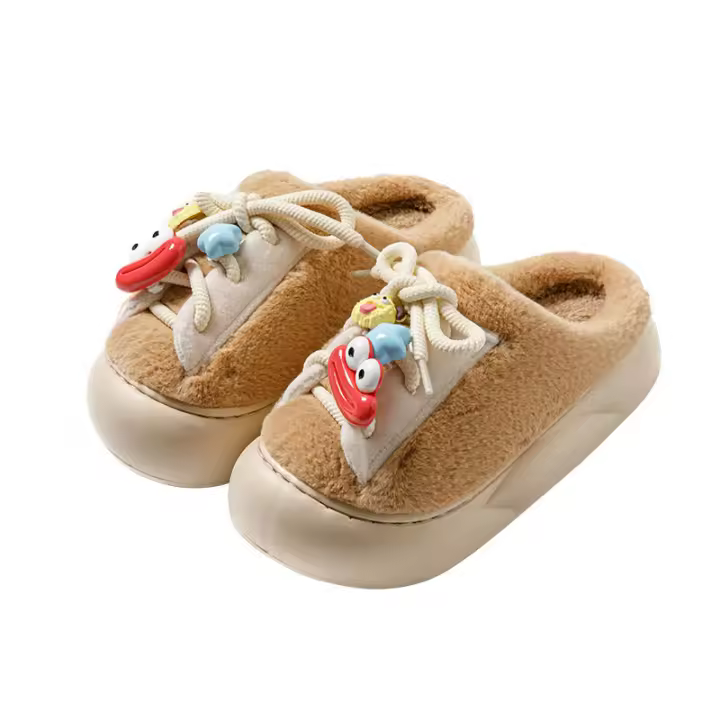 Zapatillas de casa de interior con cordones de dibujos animados apiladas zapatillas de dormitorio acolchadas de suela gruesa. - 1