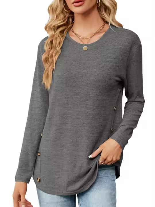 Camiseta de mujer con cuello redondo y botones lisos, ropa estética holgada para mujer, ventas baratas con mangas - 1