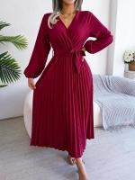 Vestido largo plisado con dobladillo grande para mujer, vestido cruzado de Color liso con cuello en V, moda de primavera y verano - details 24