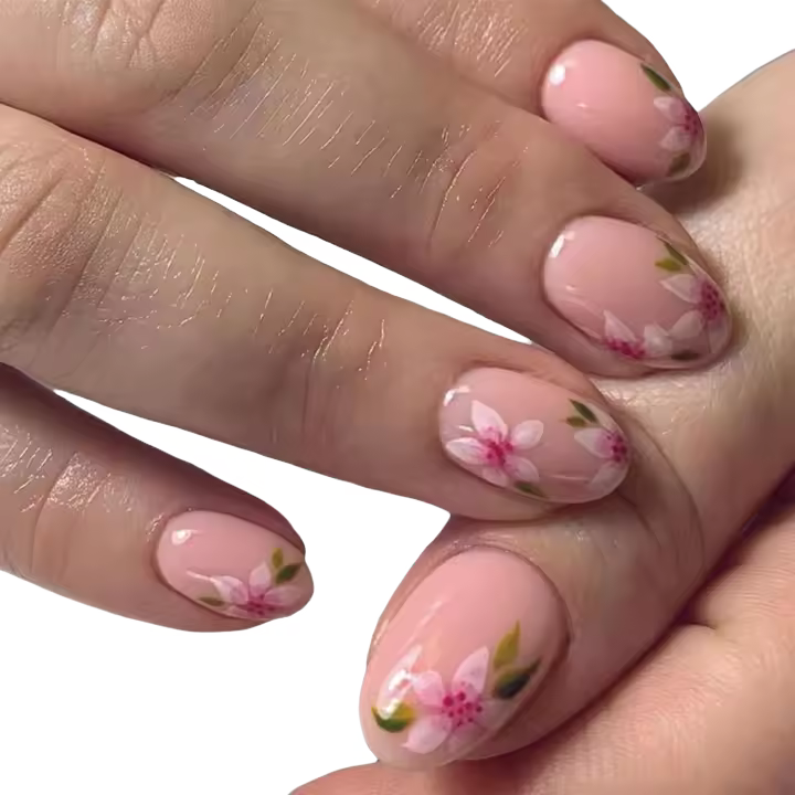 Uñas Postizas Ovaladas Rosas Diseño de Flores Extraíbles con Pegamento - 1