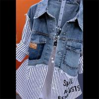Chaqueta de moda sual para mujer, dos camisas vaqueras falsas a rayas - details 7