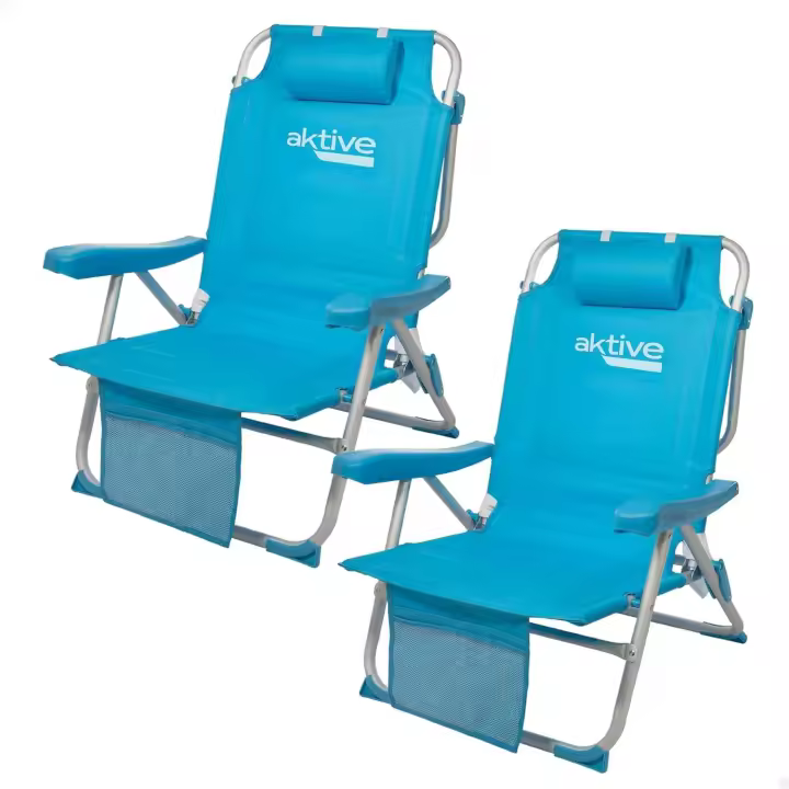 2 sillas plegables multiposición para playa, jardín, terraza o camping, 5 posiciones, 49x58x80 cm, Altura asiento 27 cm, Topes antivuelco, Soporta 100 kg, Con asas transporte (85469) - 1