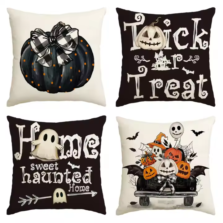 4 fundas de almohada para Halloween, decoración con diseño de calabaza y lunares, 45x45 cm - 1