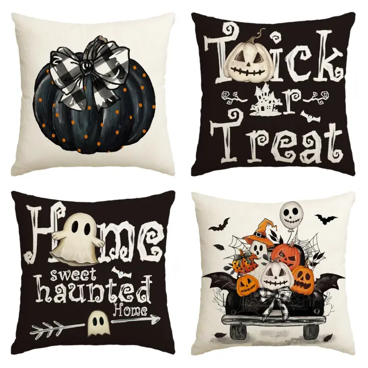 4 fundas de almohada para Halloween, decoración con diseño de calabaza y lunares, 45x45 cm - 1