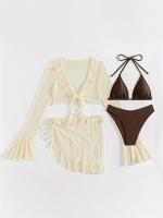 Conjunto de Bikini de 4 Piezas con Cuello Halter en Forma de V: Traje de Baño Elegante para Mujer con Triángulo de Corte Alto y Camisa de Manga Larga Accesorio de Moda - details 1