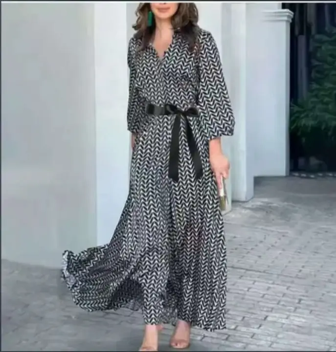 Vestido a Cuadros Vintage de Moda Cuello en V, Lazo, Vestido Largo con Botones - 1