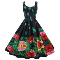 Women vintage spaghetti strap floral print high waist elegant sleeveless a-line party midi dress - details 17