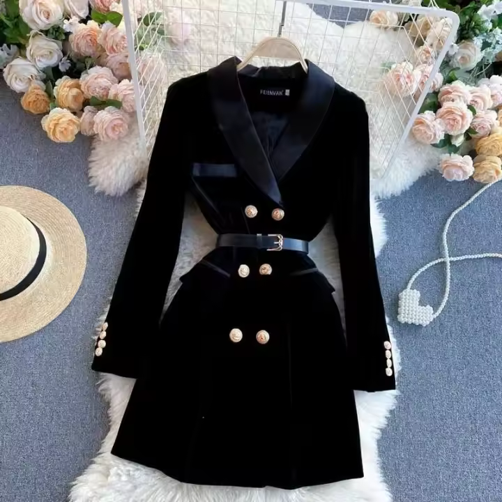 Elegante Vestido de Oficina Coreana Vintage Cuello en Capacha Doble Abotonadura Estilo Otoño-Invierno para Mujeres de Moda de Calle Principal - 1