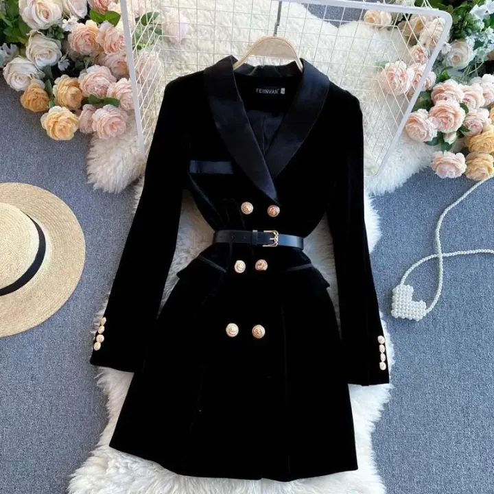 Elegante Vestido de Oficina Coreana Vintage Cuello en Capacha Doble Abotonadura Estilo Otoño-Invierno para Mujeres de Moda de Calle Principal - 1