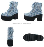 Dropshipping logo moda denim tacón grueso mujeres, botines con cordones de talla grande para mujer - details 8