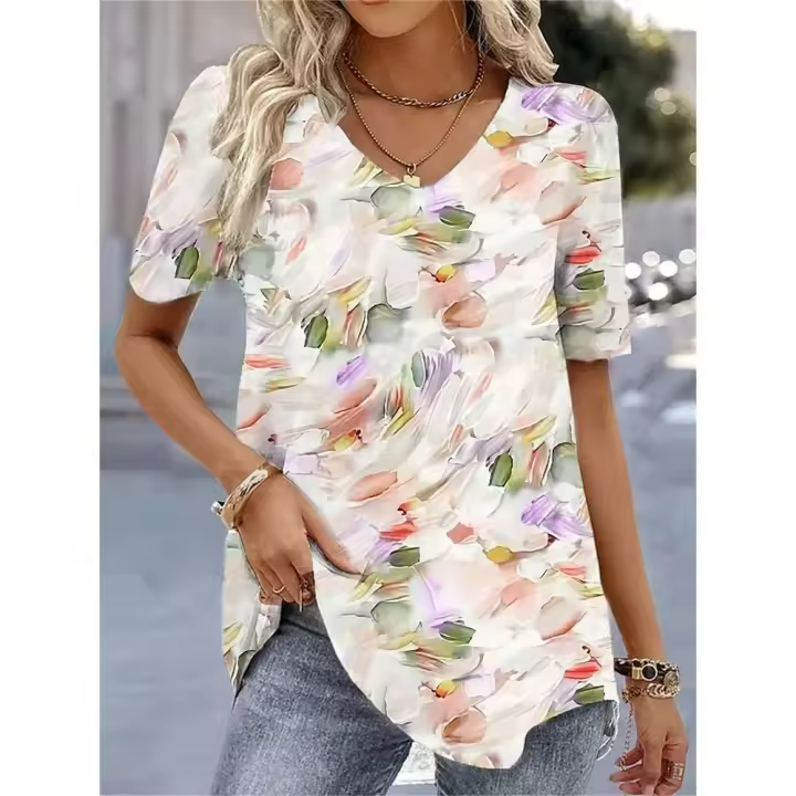 Moda Blusas Estampado de Flor 3D Camiseta de Cuello en V Talla Grande para Mujer - 1