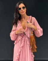 Vestidos elegantes lisos de encaje con múltiples unces, vestidos elegantes holgados con cuello de pico, batas de manga larga para mujer nueva, vestido de vacaciones para ir al trabajo de verano 2025 - details 1