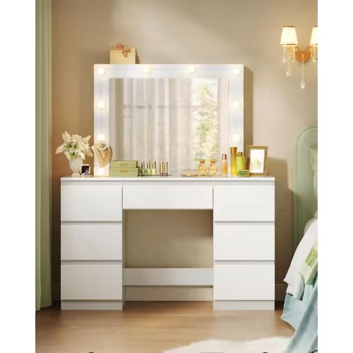 Tocador de Maquillaje con Espejo de Luz LED, Iluminación Regulable, con 7 Cajones, Tocador de Dormitorio con Espacio de Almacenamiento, 110x39,5x140,5 cm, Blanco, MB6099ws - 1