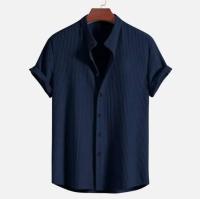 Camisa de manga corta a rayas Vtical para hombre con cuello alto, Top holgado informal de gran tamaño a la moda para playa, Color sólido, - details 2