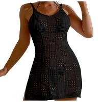 Vestido corto de moda Border Vacation para mujer, cuello redondo, textura cuadrada, hueco, transparente, tirantes finos, Sexy - details 2