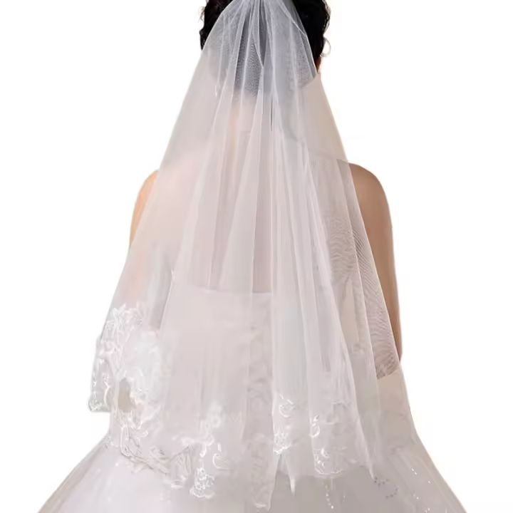 Velos de novia de tul de alta calidad con borde bordado de encaje blanco marfil, accesorios de boda para casados ​​de 1 capa 2025 - 1