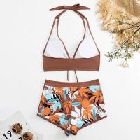 Bikini abierto con estampado de hojas retro en talla grande, conjunto de traje de baño de dos piezas con correas estables para mujer - details 75