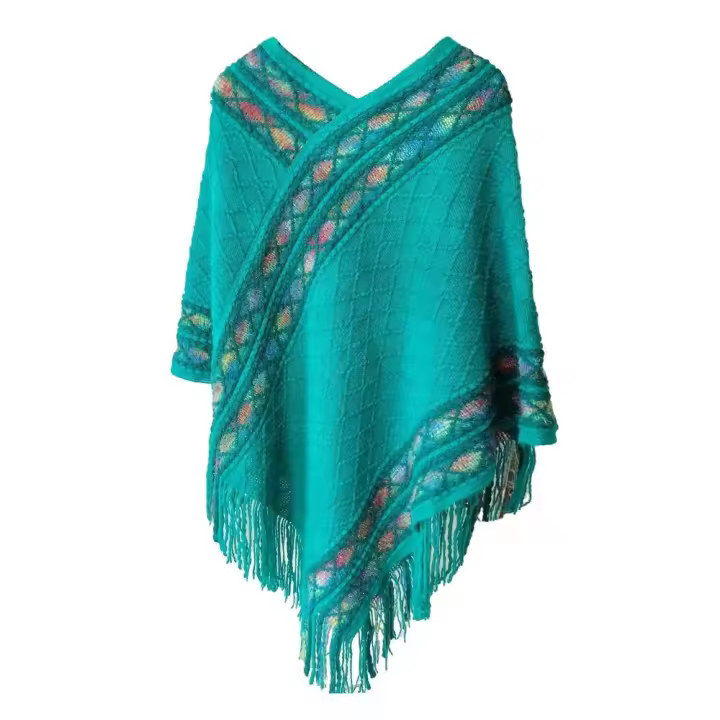 Poncho mongol con borlas de rayas rómbicas, chal de punto de estilo étnico, capa de punto, capa de Cachemira de imitación, capa superpuesta, Invierno - 1