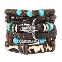Conjunto de 6 pulseras boho madera cuentas vintage cabeza de toro ojos plumas multicapa artesanales regalos para hombre - details 17