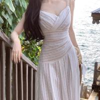 Vestido de tirantes a rayas con bordado tridimensional de diseño, vestido de fiesta de alta gama francés para mujer, verano 2025 - details 3