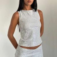 Camisetas Sin Mangas con Lentejuelas Brillantes Cuello Redondo, Top Corto, Moda para Mujeres y Clubes - details 11