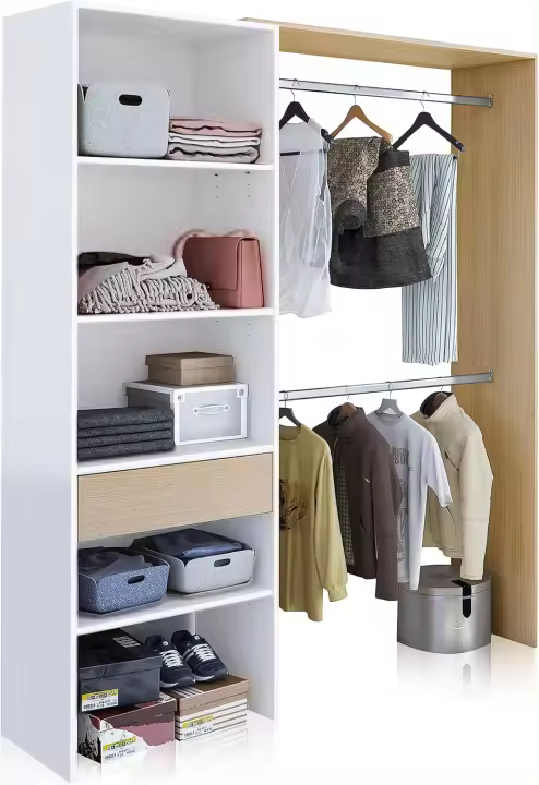 Armario Vestidor con 2 Cajones, Vestidor con Barras y Baldas, Acabado en Blanco Artik y Gris Cemento, Medidas: 179 cm (Ancho) x 202 cm (Alto) x 50 cm (Fondo) - 1