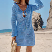 Nuevo sexy ahuecado con cuello en V de manga larga de punto falda para la playa bikini traje de baño cubrir ropa de protección solar para mujeres - details 2
