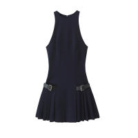 Vestido Mini Pleated TRZA Para Mujer Con Borlas Lateral Cuello Halter Frontera Trasera Chic Moda Casual A-Line Corto - details 2