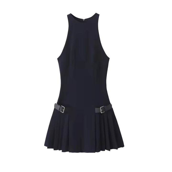 Vestido mini plisado para mujer con borlas laterales, cuello halter, borde trasero, elegante, moda casual, línea A, corto. - 1