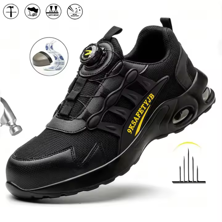 Zapatos de seguridad para hombre con botones giratorios y puntera de acero indestructible antipinchazos y con almohadilla de aire, botas de trabajo con suela de goma, material de tela y algodón. - 1