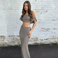 BUNO-Conjunto de 2 piezas de punto para vacaciones para mujer, camisetas sin mangas cortas con cuello oblicuo y faldas largas de cintura alta, trajes a juego de tendencia femenina - details 5