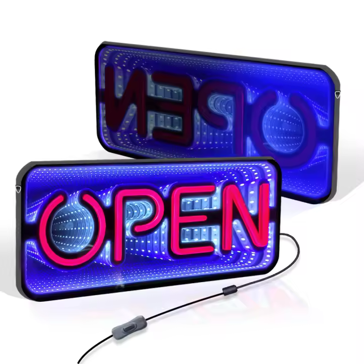Cartel de Luz Abierto de Espejo Infinito 19x8 pulgadas, Luces LED RGB 3D para Tiendas, Restaurantes, Cafés, Salones, Ventanas de Bar Enchufe EU - 1