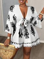 Más tallas mono mujer primavera verano moda casual manga acampanada mujer cuello en v ropa estampada - details 1