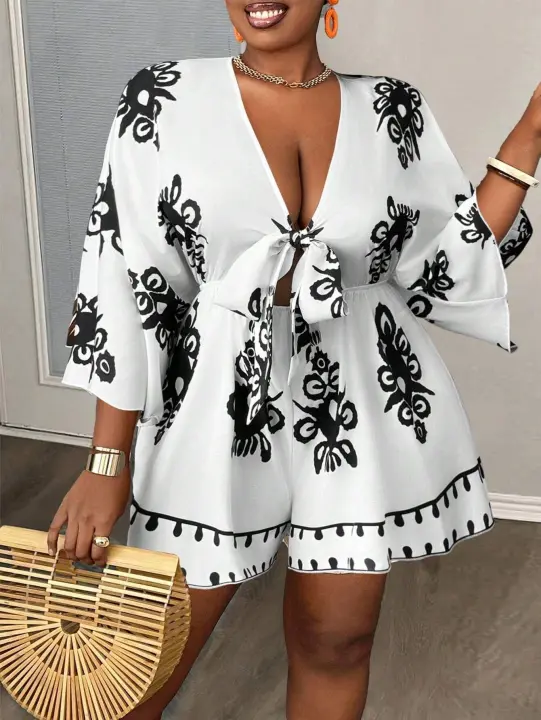 Más tallas mono mujer primavera verano moda casual manga acampanada mujer cuello en v ropa estampada - 1