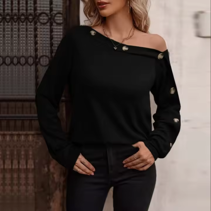 Nuevo Top de manga larga con hombros descubiertos y botones a la moda para mujer - 1