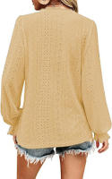 Camiseta con cuello en V para mujer Camisa superior de manga plisada informal hueca de otoño - details 14