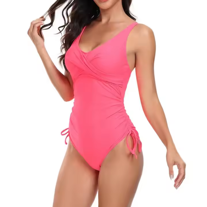Bañador de una pieza con cuello en V para mujer, traje de baño, Monokini de Color liso con cordón, diseño plisado para surfear - 1
