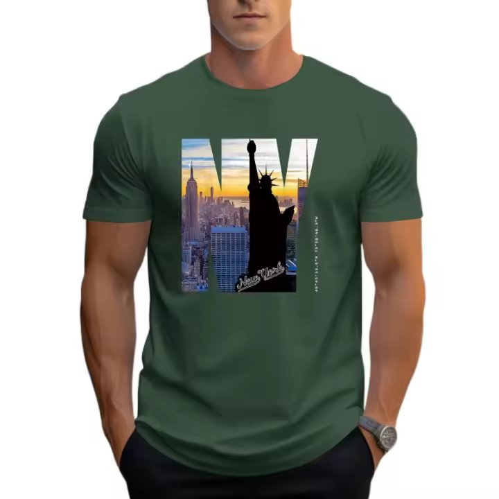 Camiseta de Cuello Redondo para Hombres en Verano Estampado de Horizonte de Nueva York, Frase de Alfabeto, Punto de Poliéster Suave, Ligeña, Ajuste Regular - 1